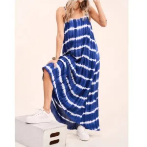 Bohemian Flowy Navy Blue Tie Dye Spaghetti Strap Maxi Dress