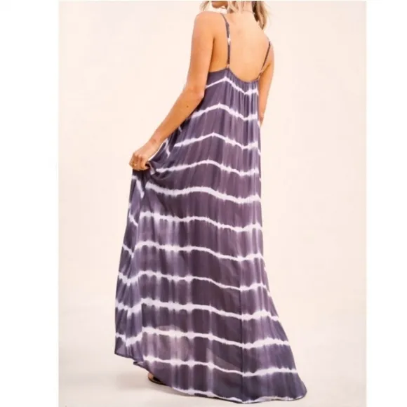 Bohemian Flowy Navy Blue Tie Dye Spaghetti Strap Maxi Dress