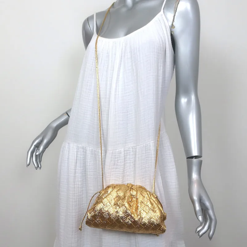 Bottega Veneta Mini Pouch Crossbody Bag Gold Metallic Crinkled Leather NEW