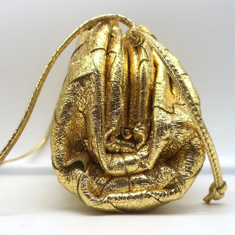 Bottega Veneta Mini Pouch Crossbody Bag Gold Metallic Crinkled Leather NEW
