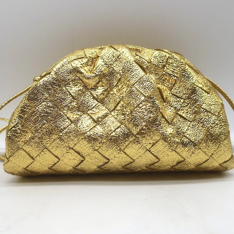 Bottega Veneta Mini Pouch Crossbody Bag Gold Metallic Crinkled Leather NEW