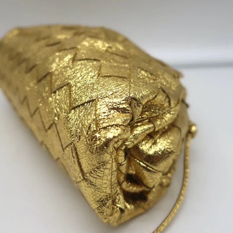 Bottega Veneta Mini Pouch Crossbody Bag Gold Metallic Crinkled Leather NEW