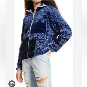 B.P. Faux Shearling Jacket In Navy Bandana Patchwork Size S