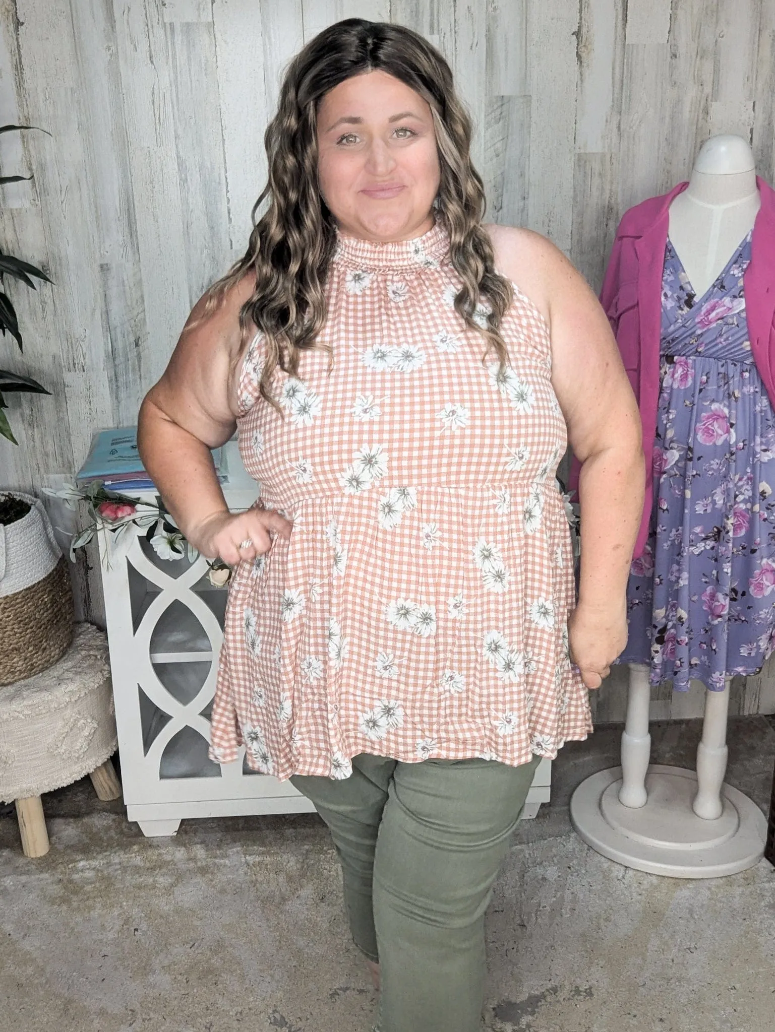 Brandi Gingham   Floral Highneck Halter Tank