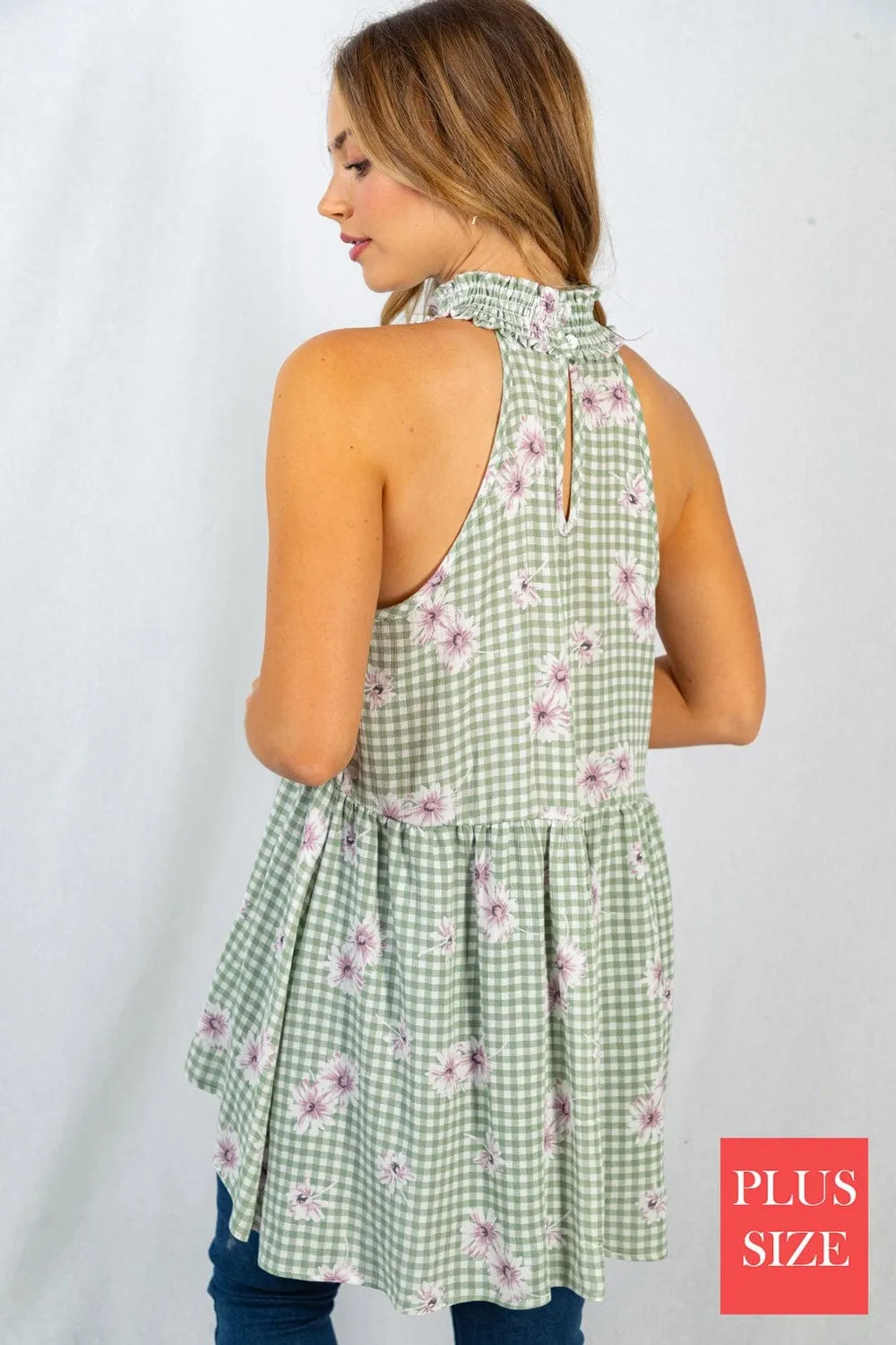 Brandi Gingham   Floral Highneck Halter Tank