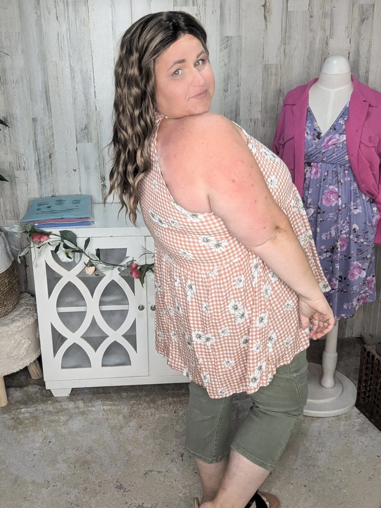 Brandi Gingham   Floral Highneck Halter Tank