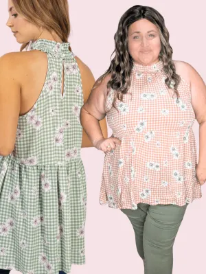 Brandi Gingham   Floral Highneck Halter Tank