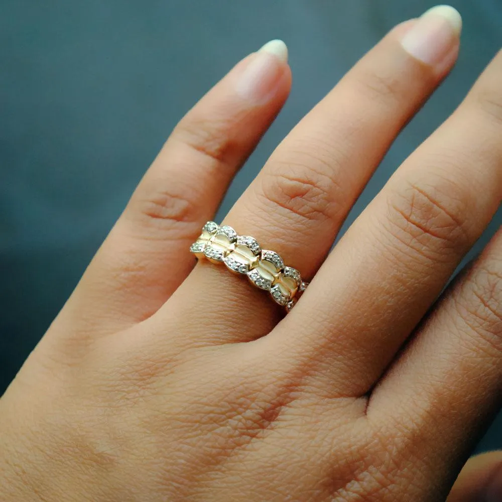 Broad Scalloped White Enamel and Diamond Band in 14K Solid Gold US6