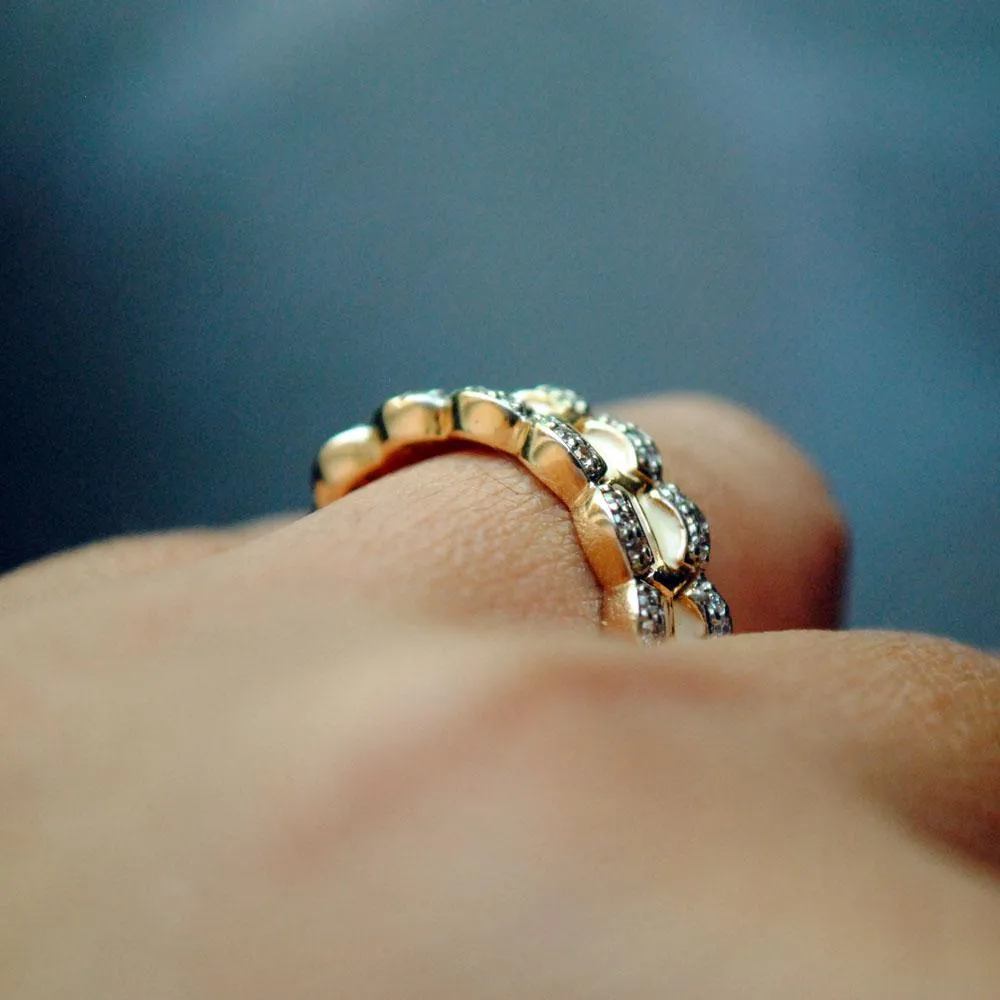 Broad Scalloped White Enamel and Diamond Band in 14K Solid Gold US6