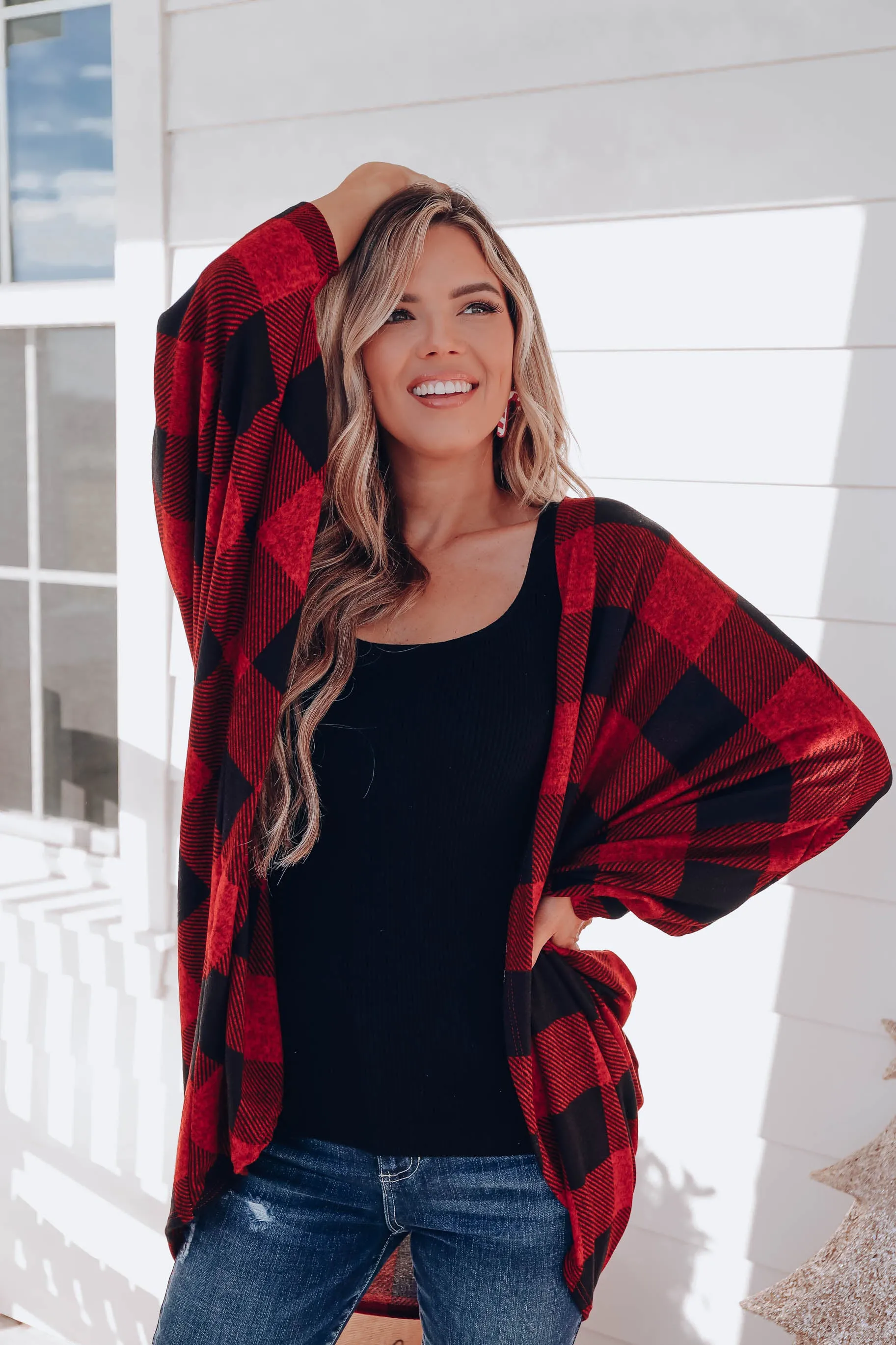 Buffalo Plaid Open Front Cardigan - Red
