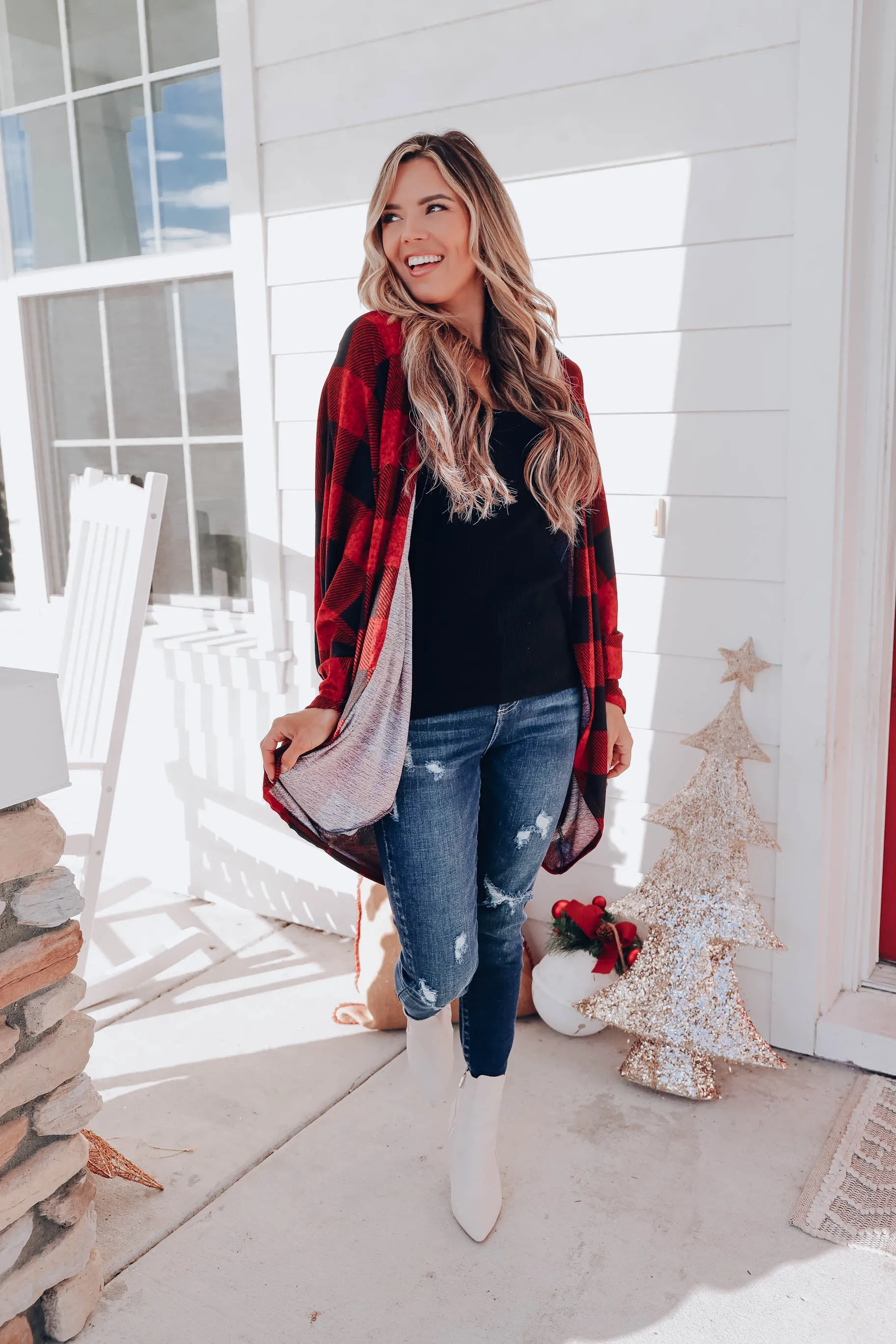 Buffalo Plaid Open Front Cardigan - Red