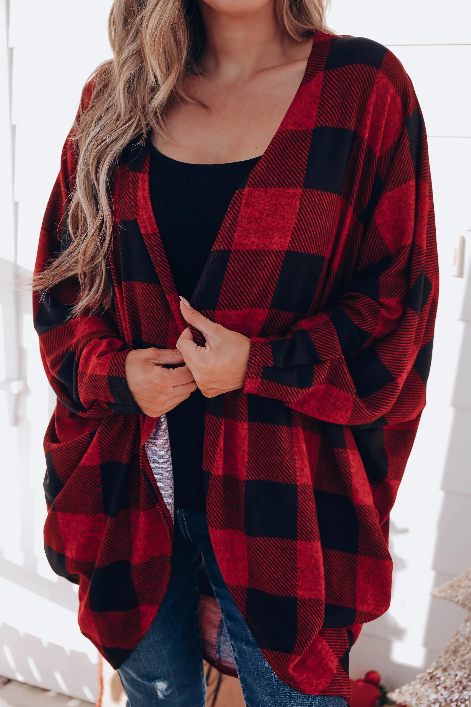 Buffalo Plaid Open Front Cardigan - Red