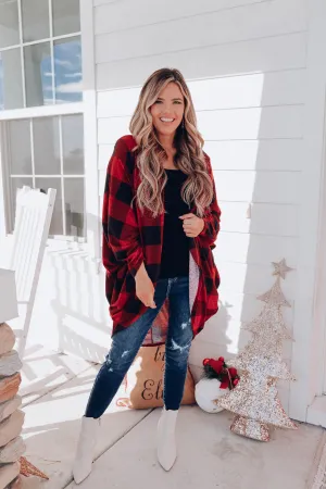 Buffalo Plaid Open Front Cardigan - Red
