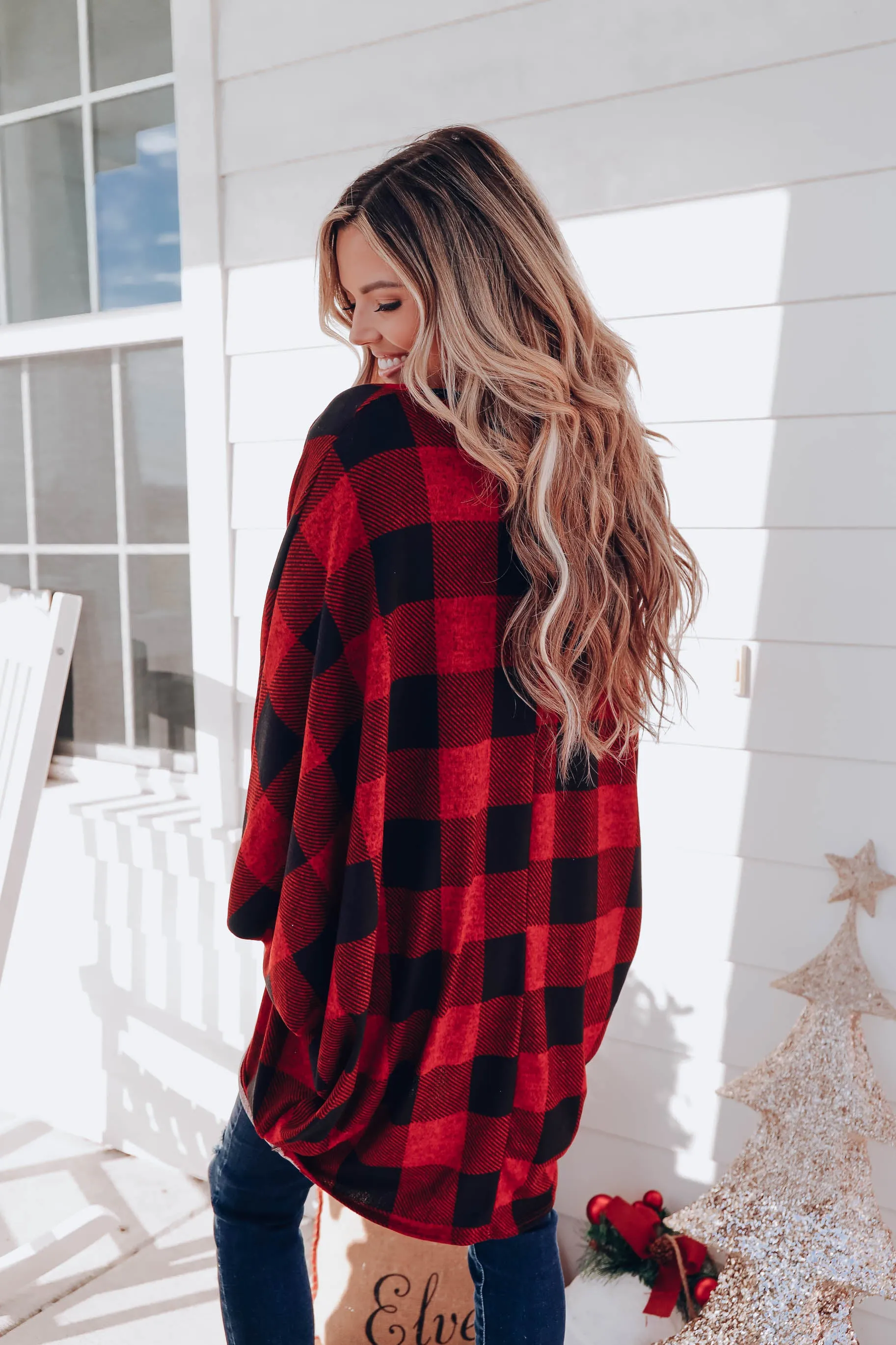 Buffalo Plaid Open Front Cardigan - Red