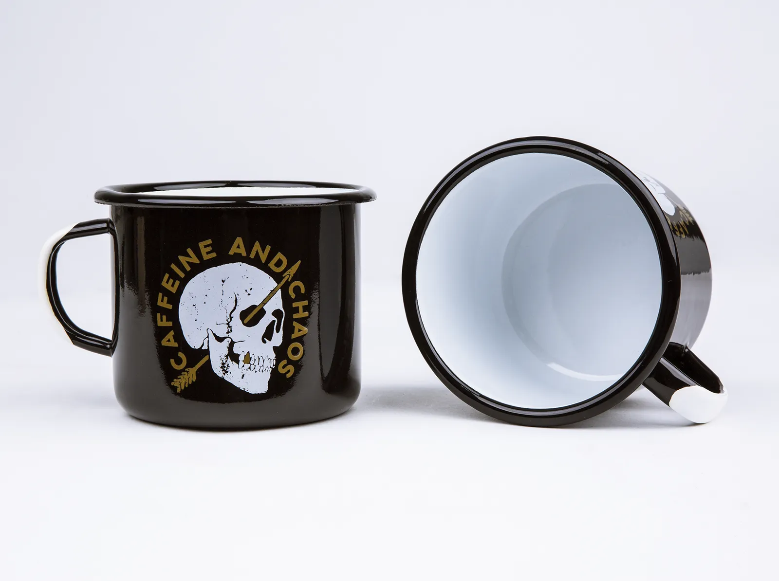 Caffeine and Chaos – 16.9 oz Black Enamel Mug