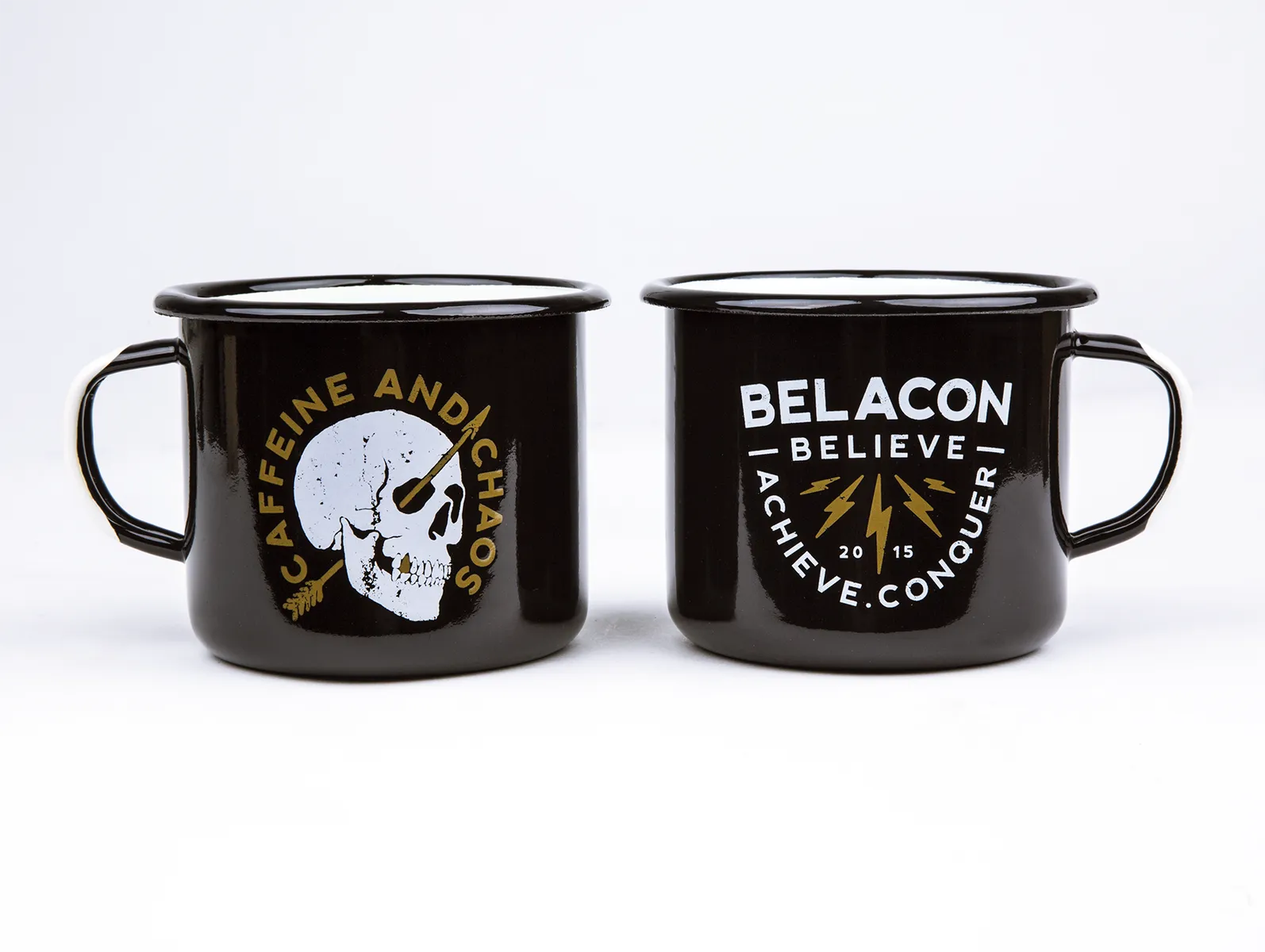 Caffeine and Chaos – 16.9 oz Black Enamel Mug