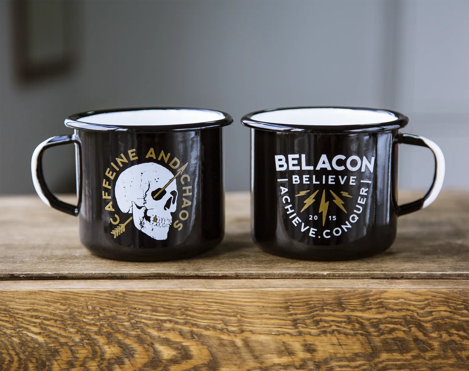 Caffeine and Chaos – 16.9 oz Black Enamel Mug