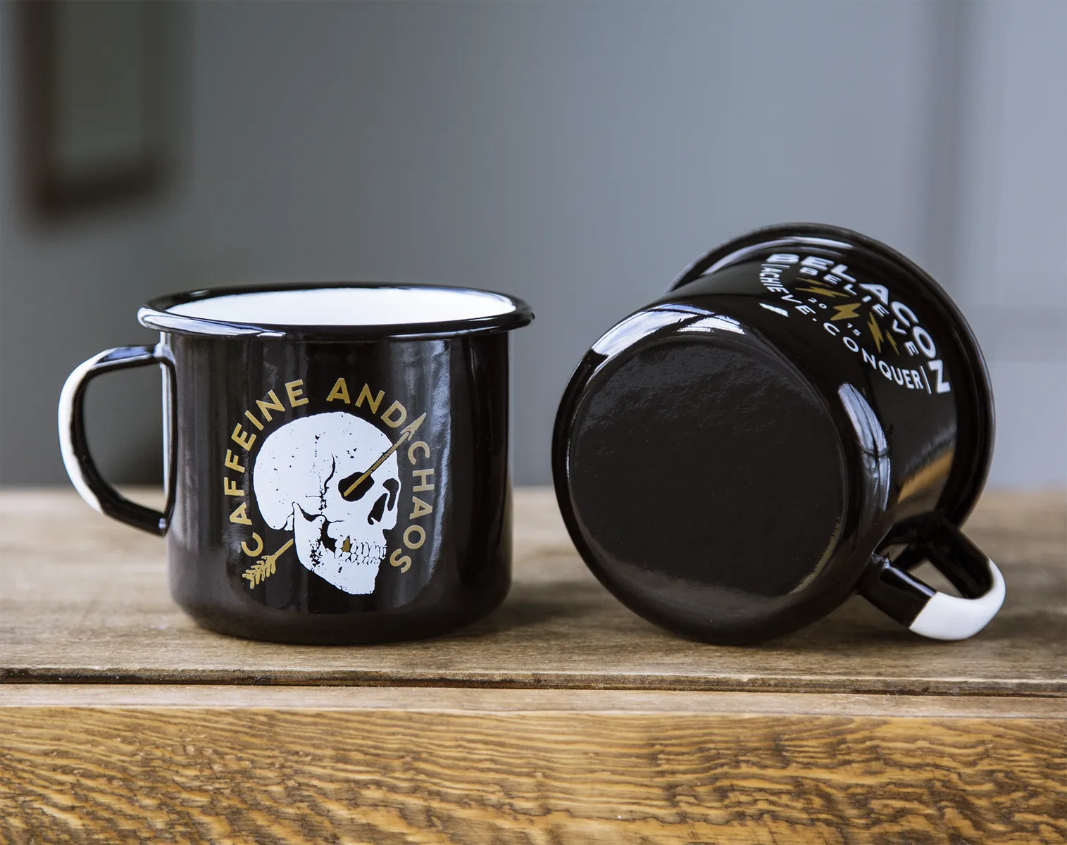 Caffeine and Chaos – 16.9 oz Black Enamel Mug