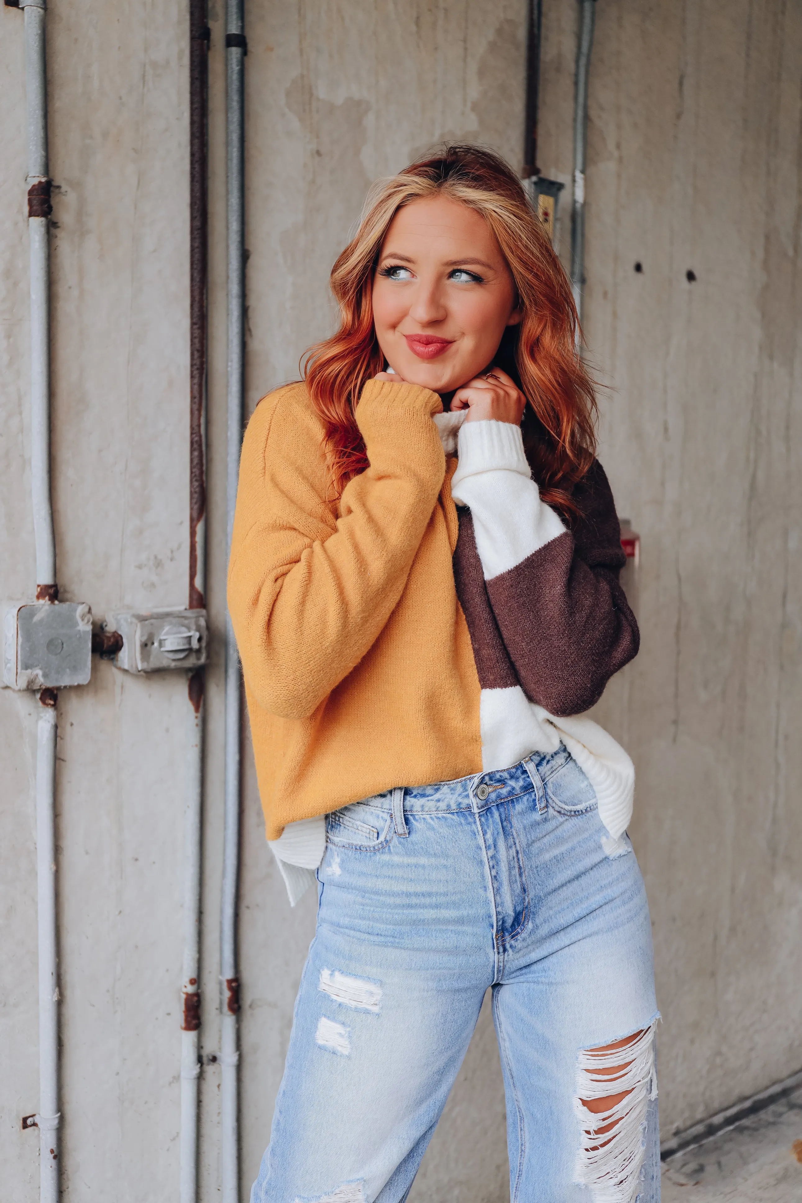 Calico Crew Neck Color Block Sweater