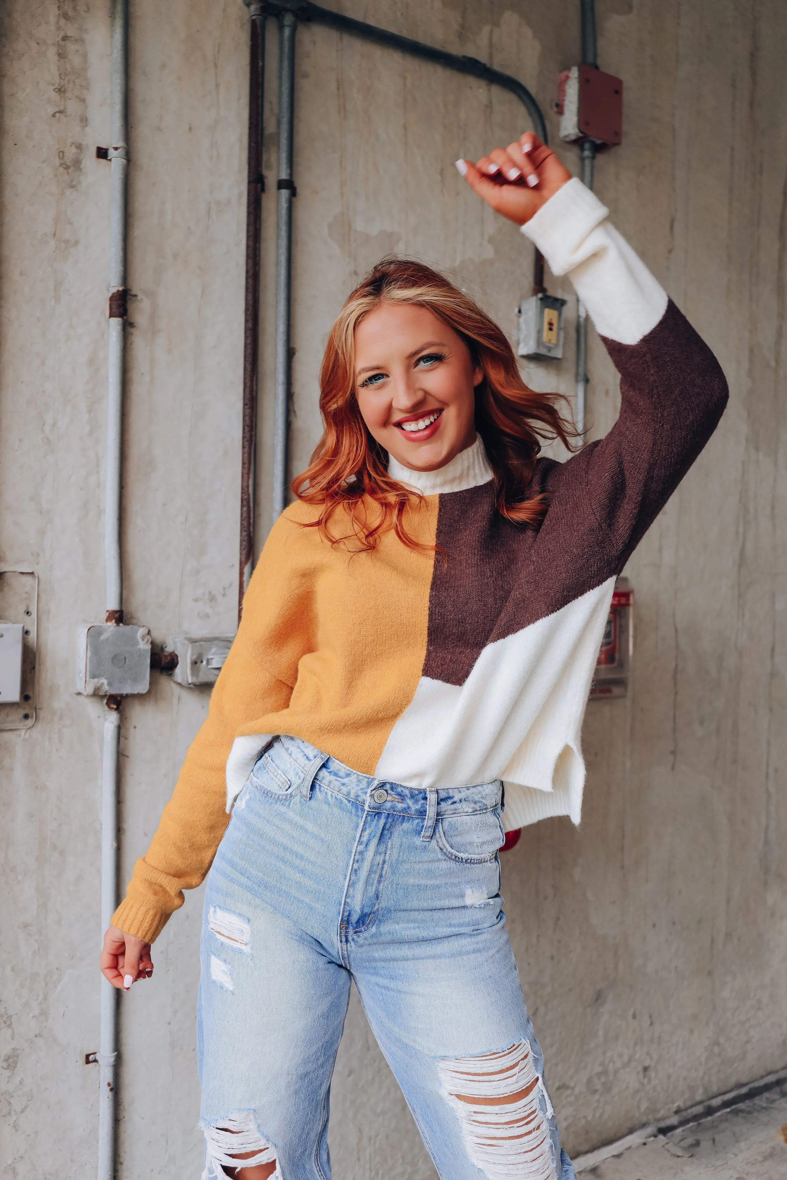 Calico Crew Neck Color Block Sweater