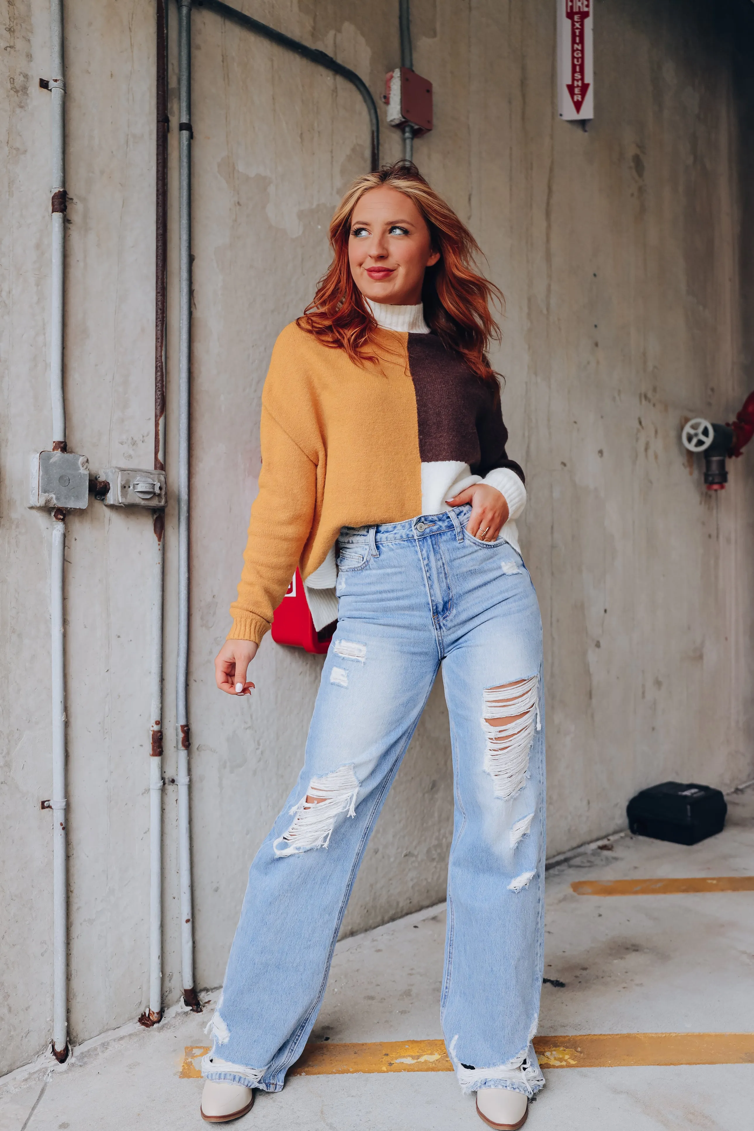 Calico Crew Neck Color Block Sweater
