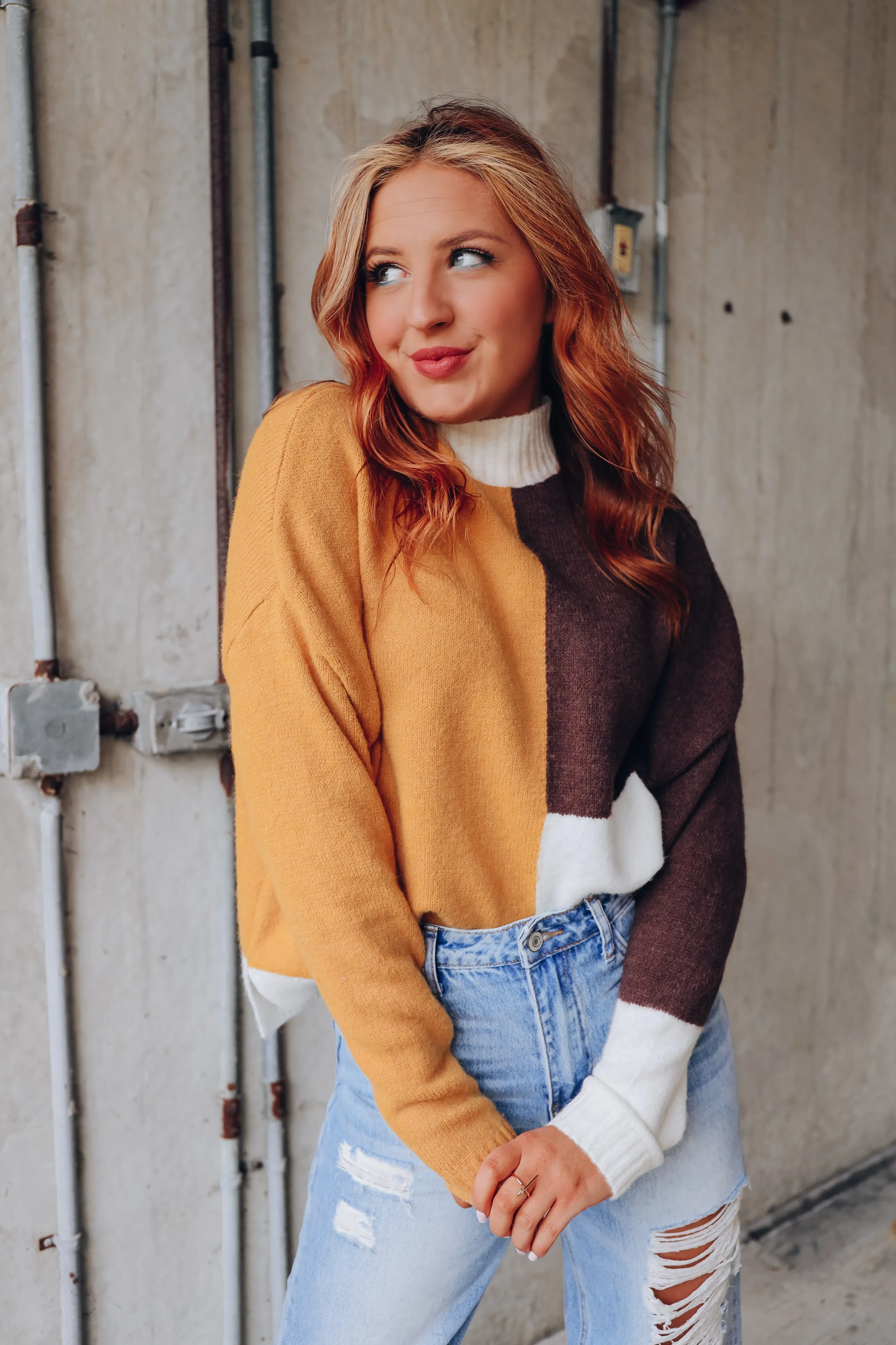 Calico Crew Neck Color Block Sweater
