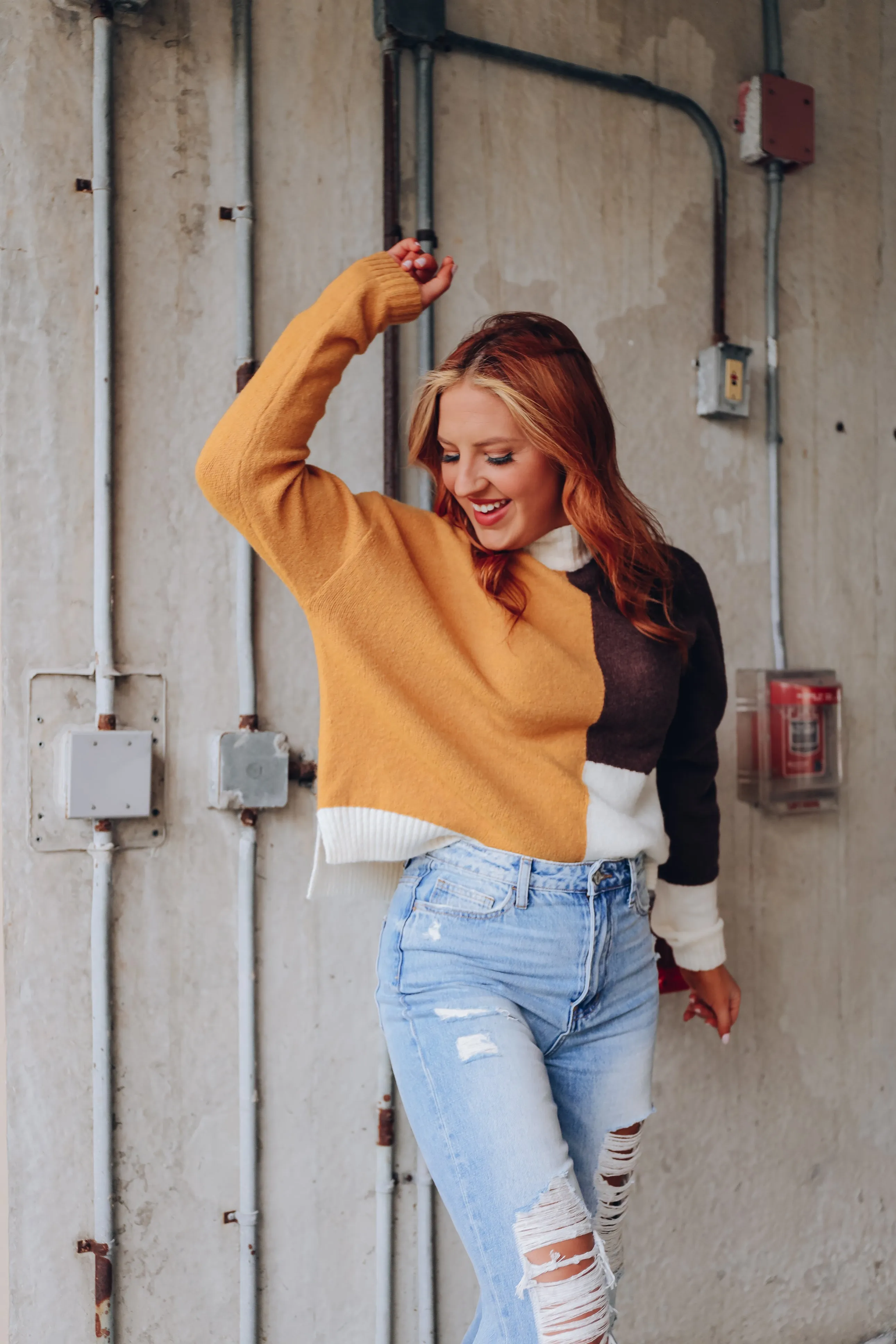 Calico Crew Neck Color Block Sweater