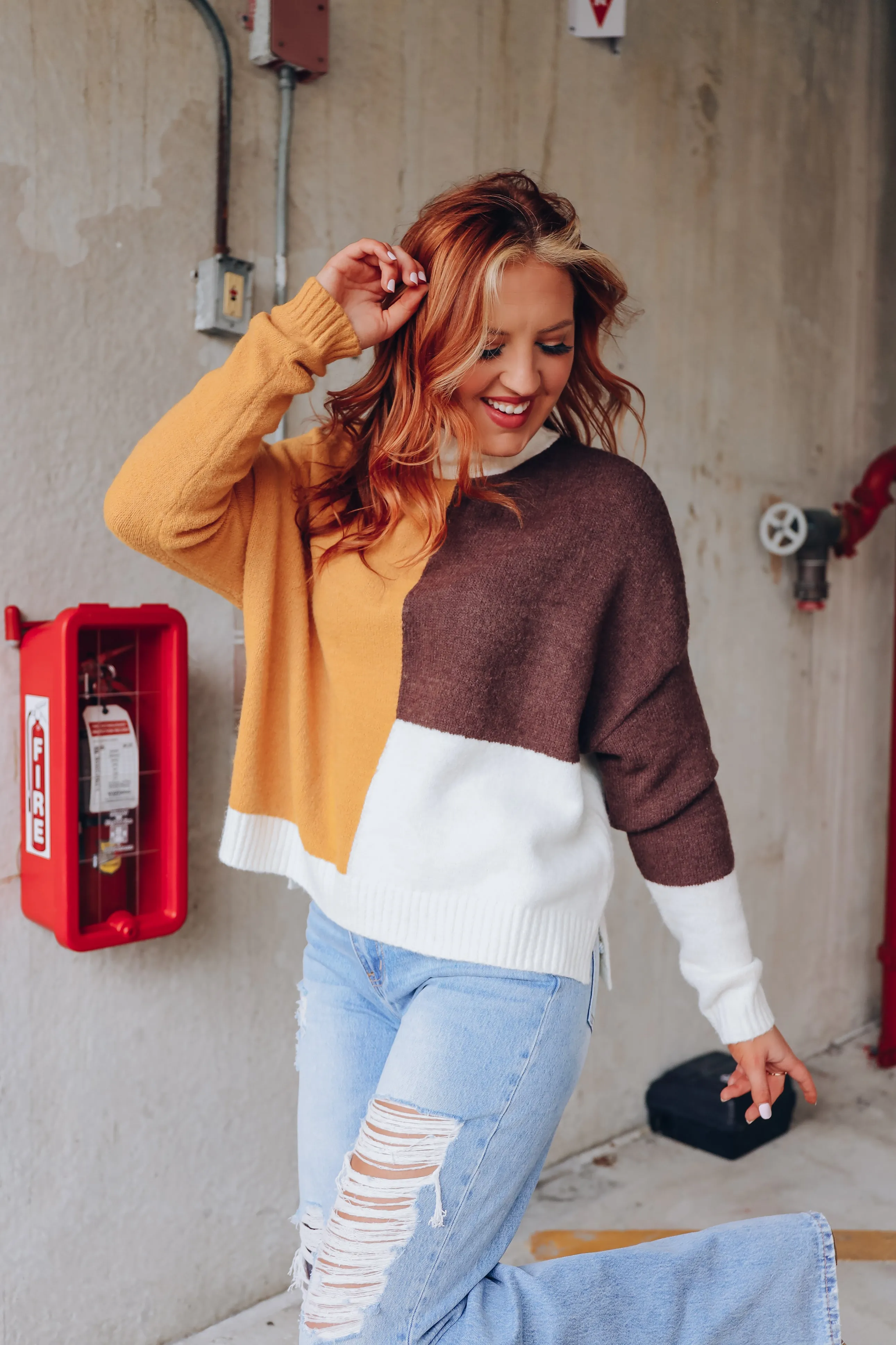 Calico Crew Neck Color Block Sweater
