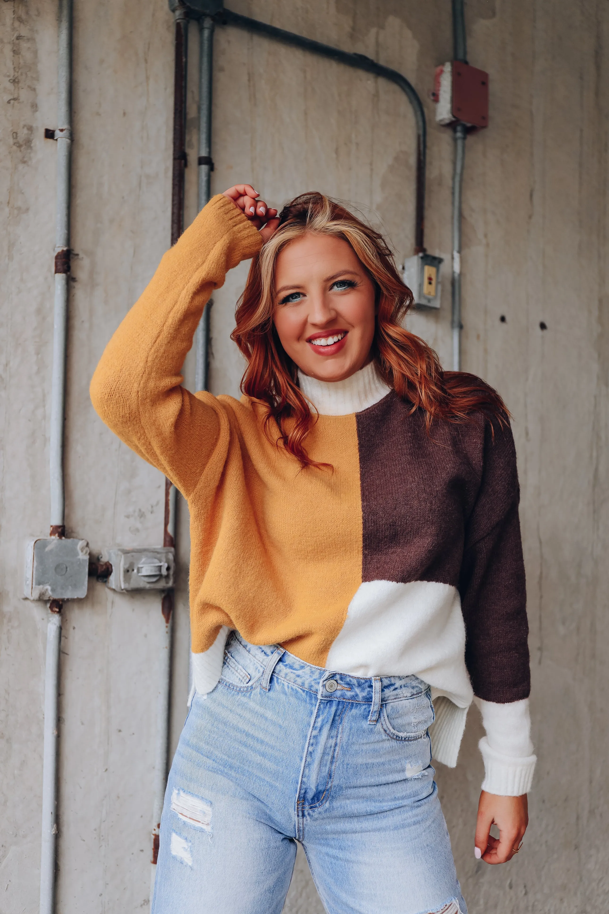 Calico Crew Neck Color Block Sweater
