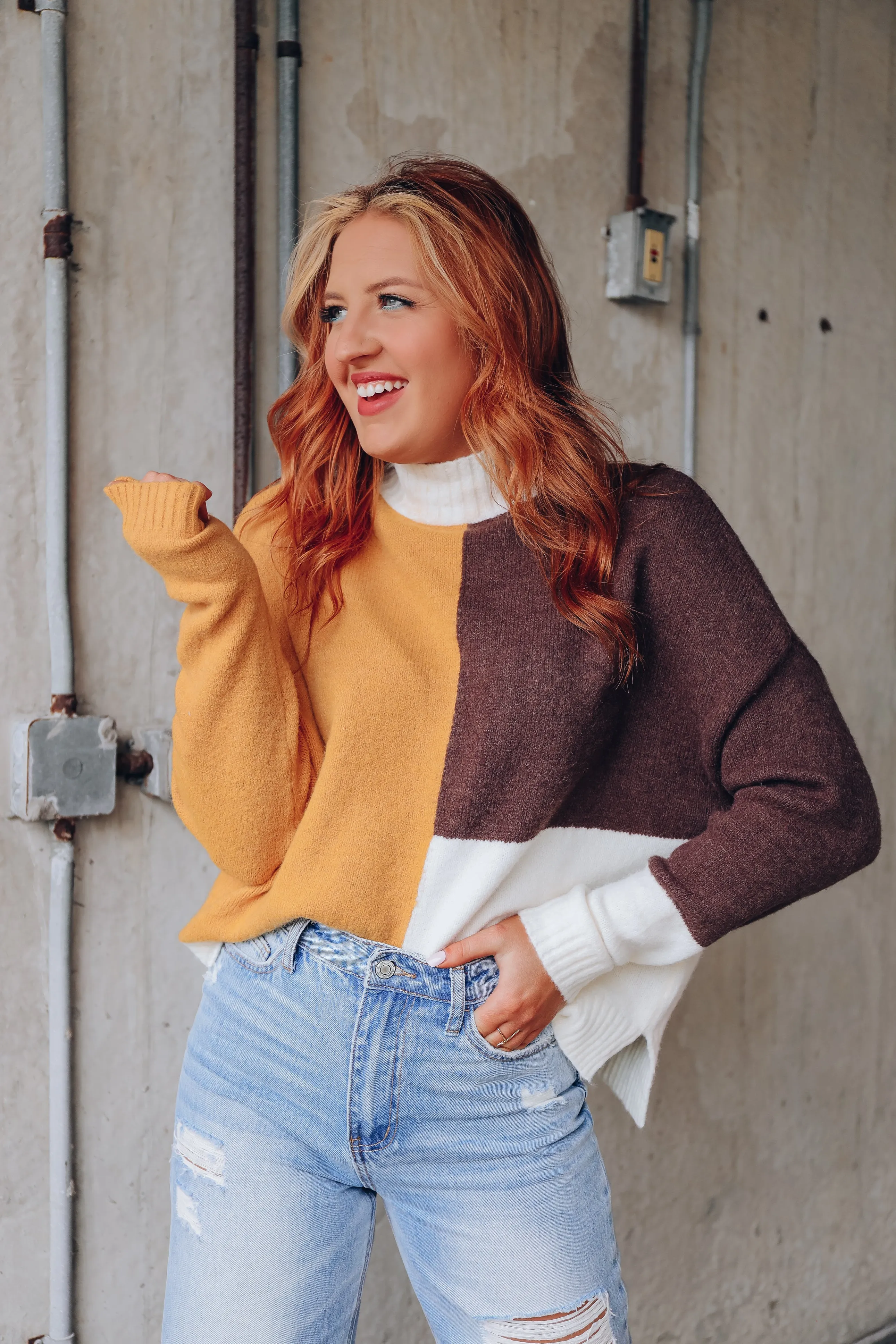 Calico Crew Neck Color Block Sweater
