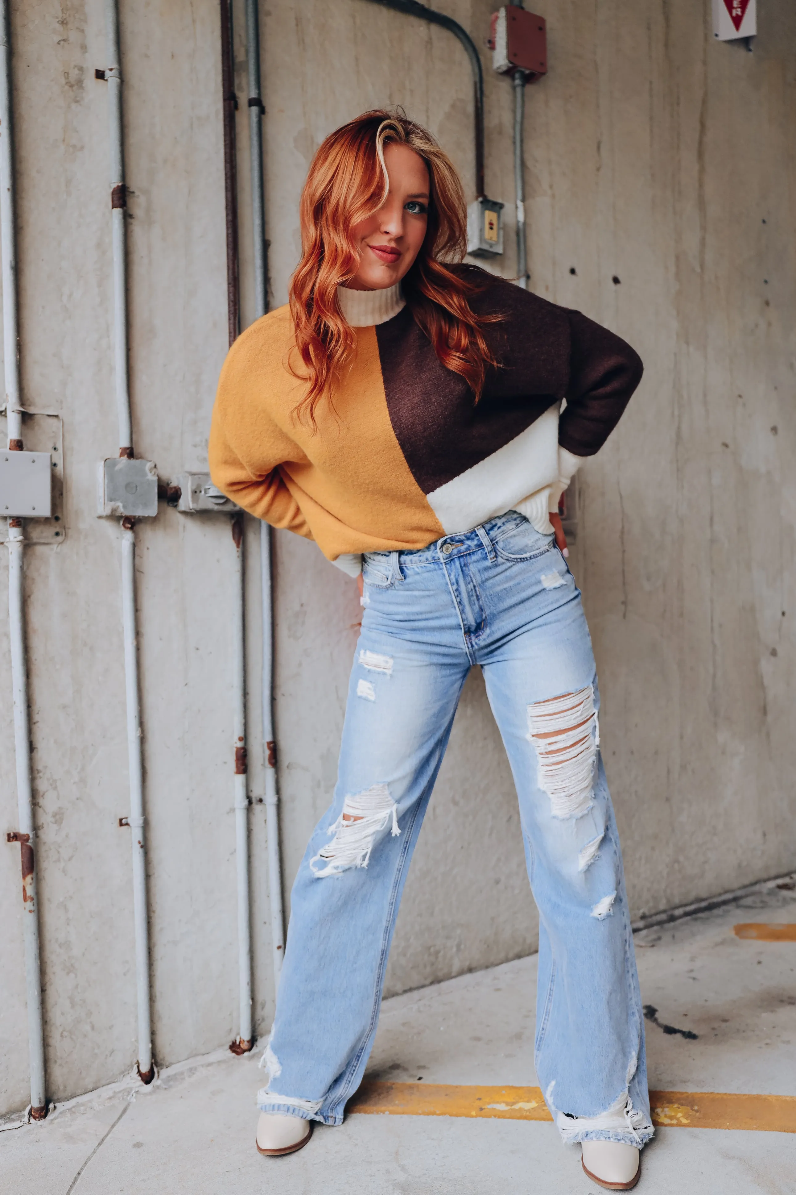 Calico Crew Neck Color Block Sweater