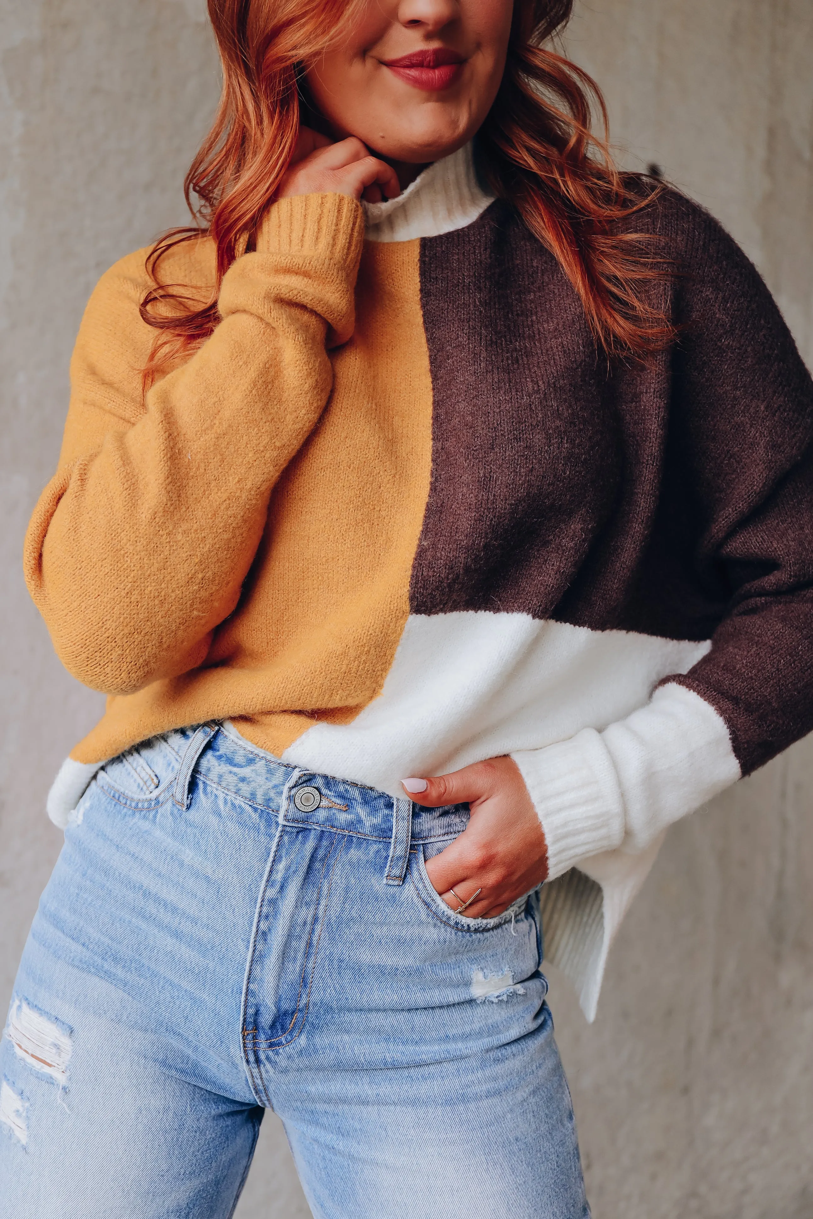 Calico Crew Neck Color Block Sweater