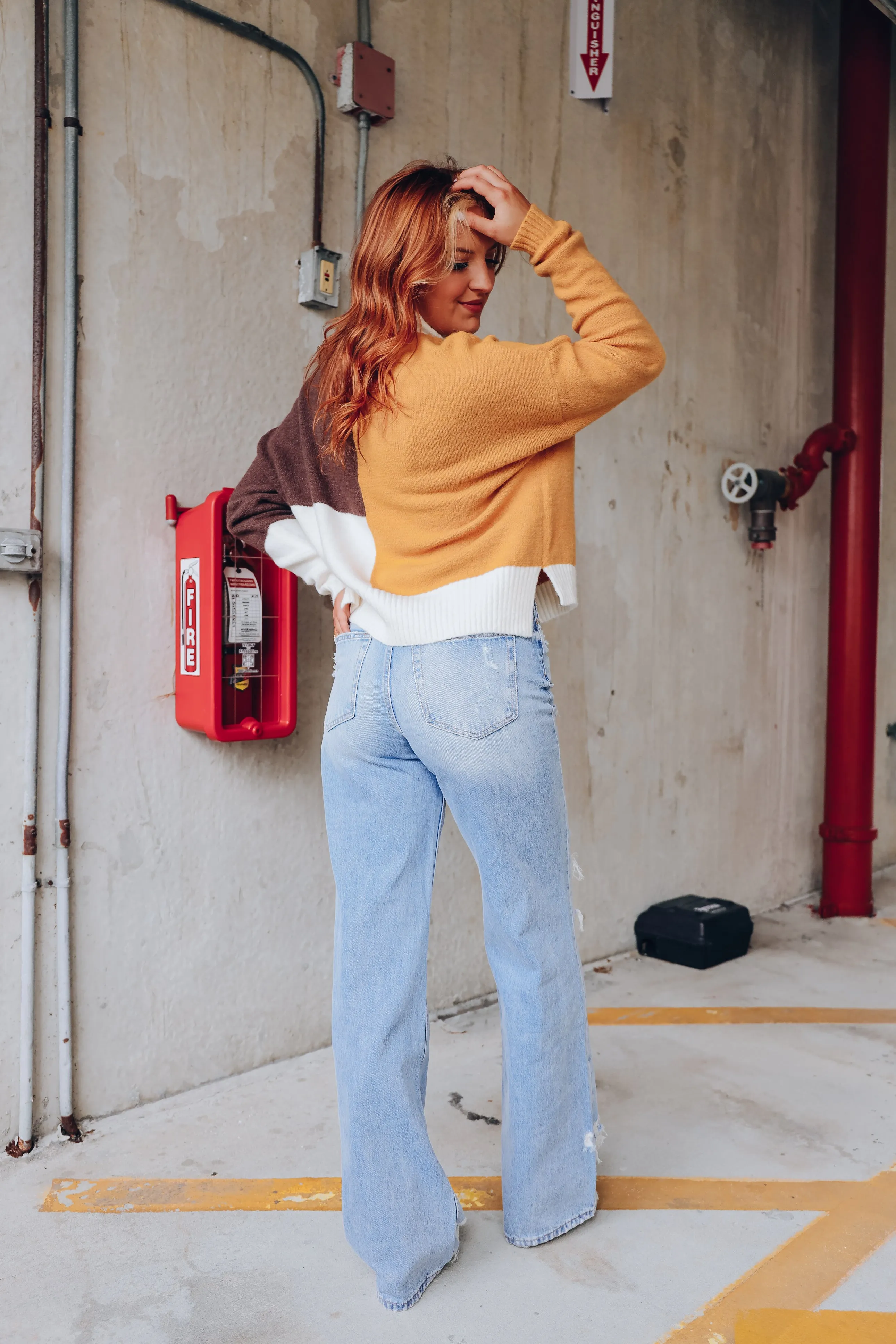 Calico Crew Neck Color Block Sweater
