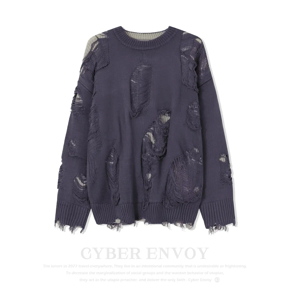 CE | Street Solid Color Ripped Sweater
