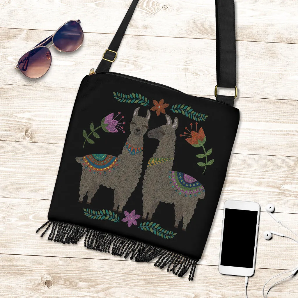 Chalky Llama Design Boho Bag With Fringe and Crossbody Shoulder Strap