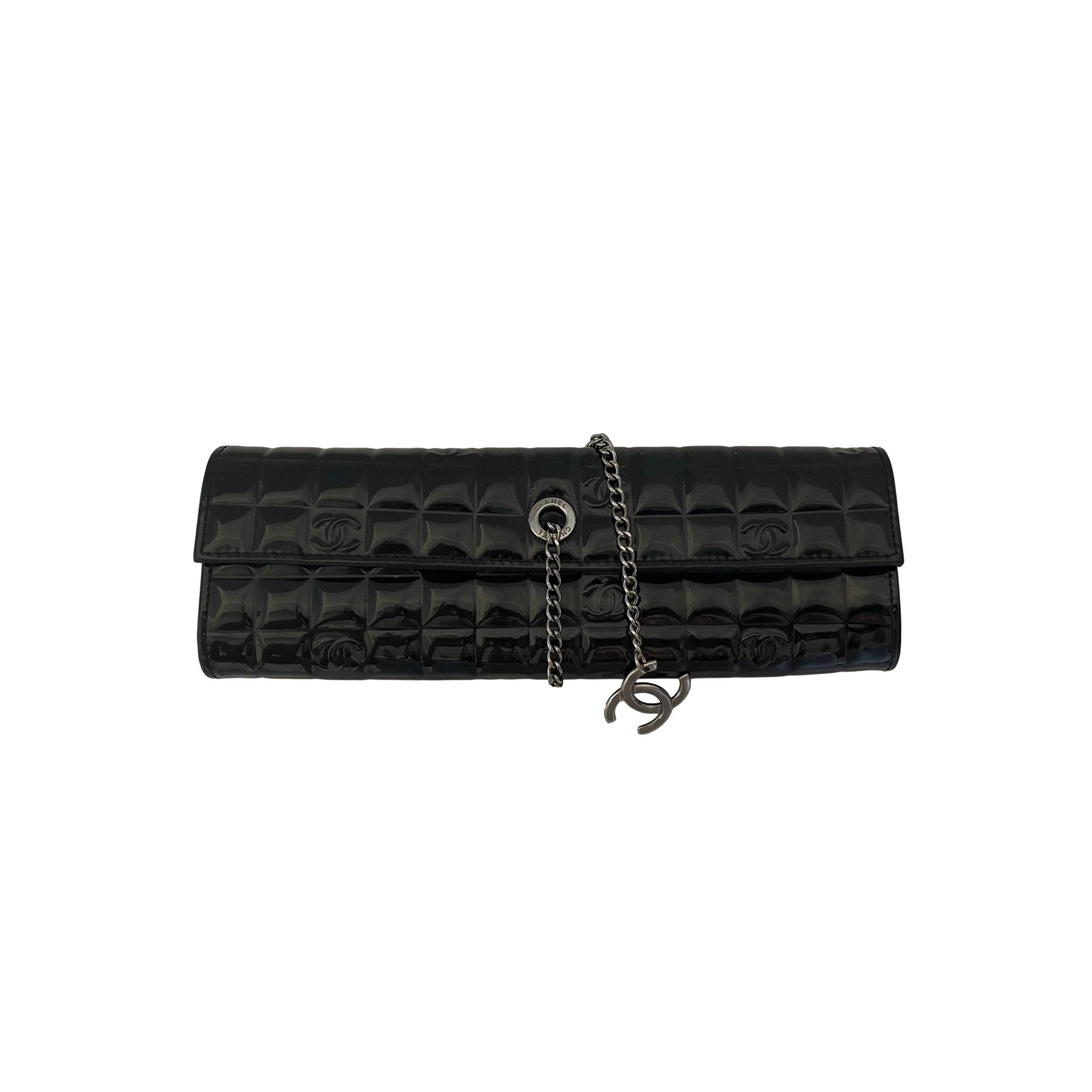 Chanel Black Patent Leather Logo Clutch