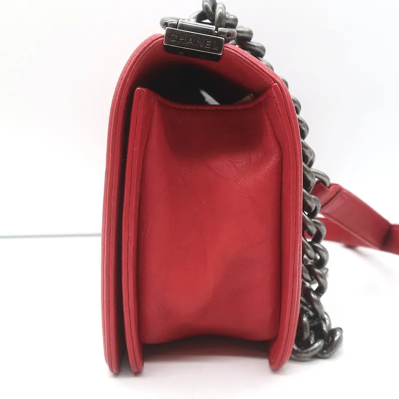 Chanel Medium Studded Boy Bag Red Quilted Leather Chain Strap Crossbody