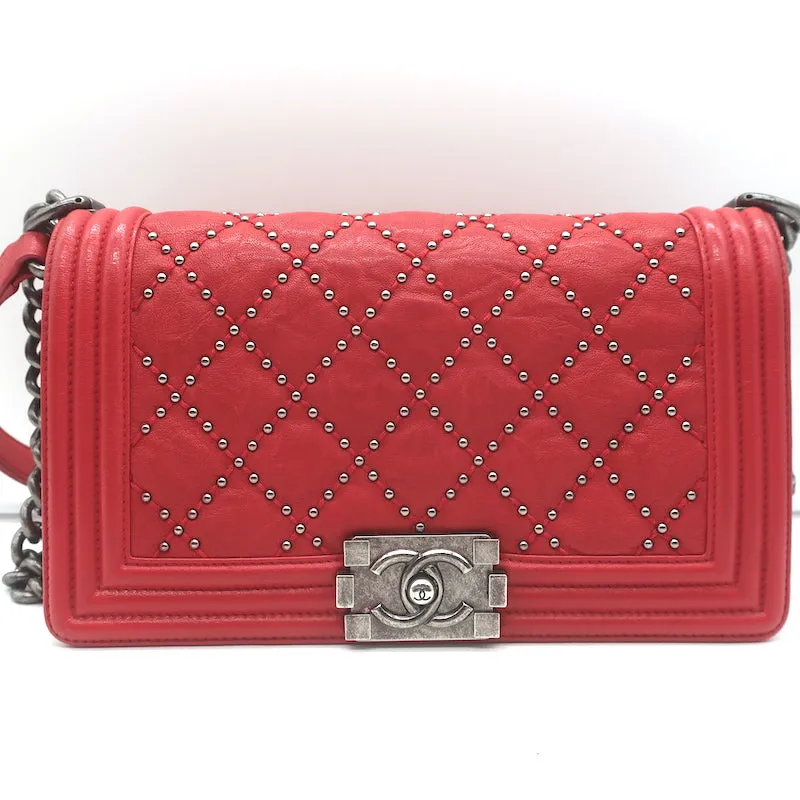 Chanel Medium Studded Boy Bag Red Quilted Leather Chain Strap Crossbody