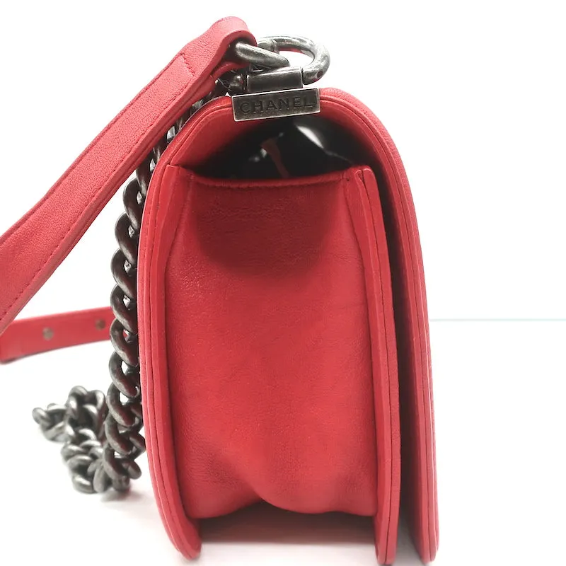 Chanel Medium Studded Boy Bag Red Quilted Leather Chain Strap Crossbody
