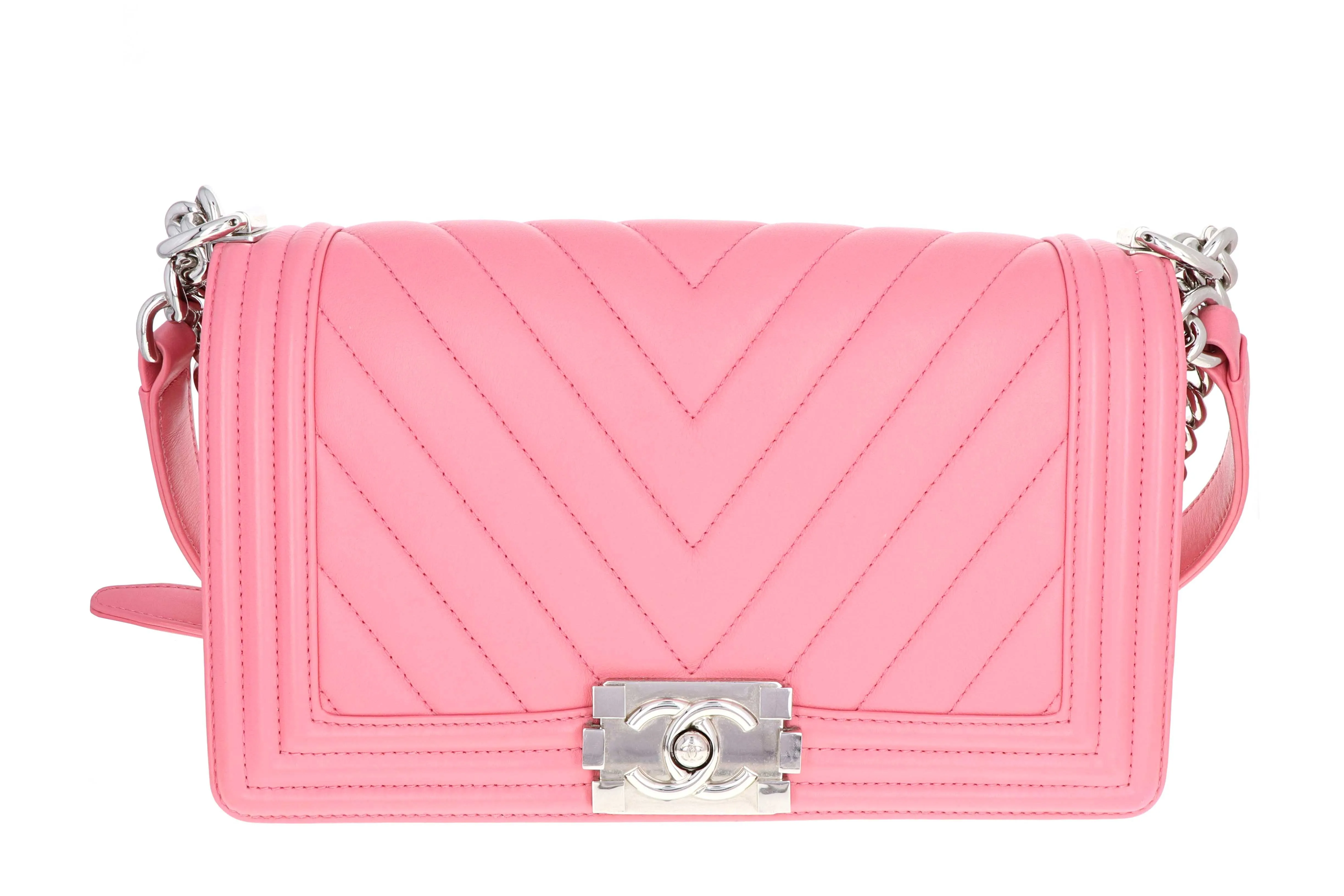 Chanel Pink Chevron Quilted Lambskin Medium Boy Bag