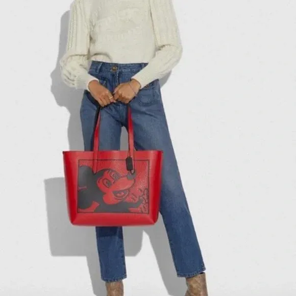 Coach Disney Mickey Mouse X Keith Haring Highline Tote Bag Leather Handbag Red NEW