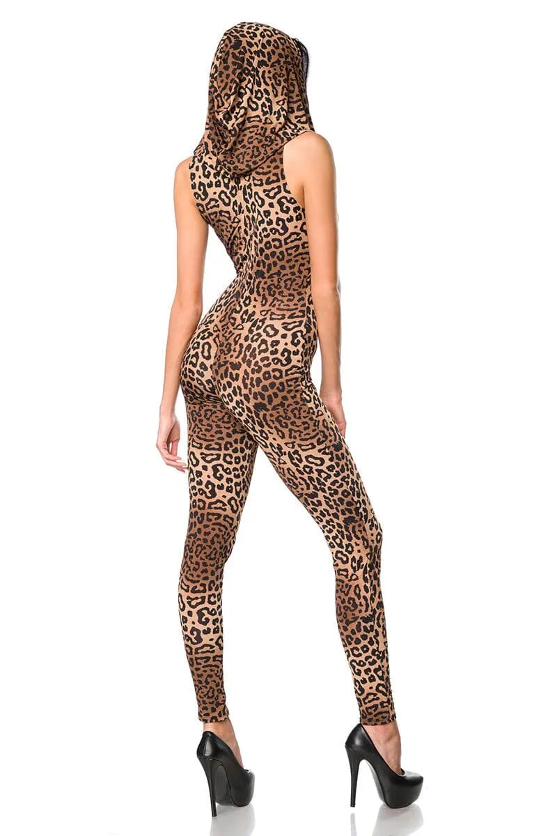 Deep V Plunge, Front Zipper Catsuit W/Hoodie