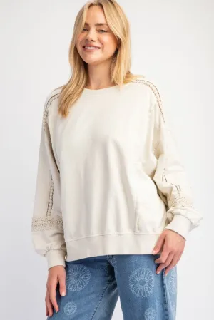 Ecru Raglan Lace Crochet Vintage Washed Long Sleeve *
