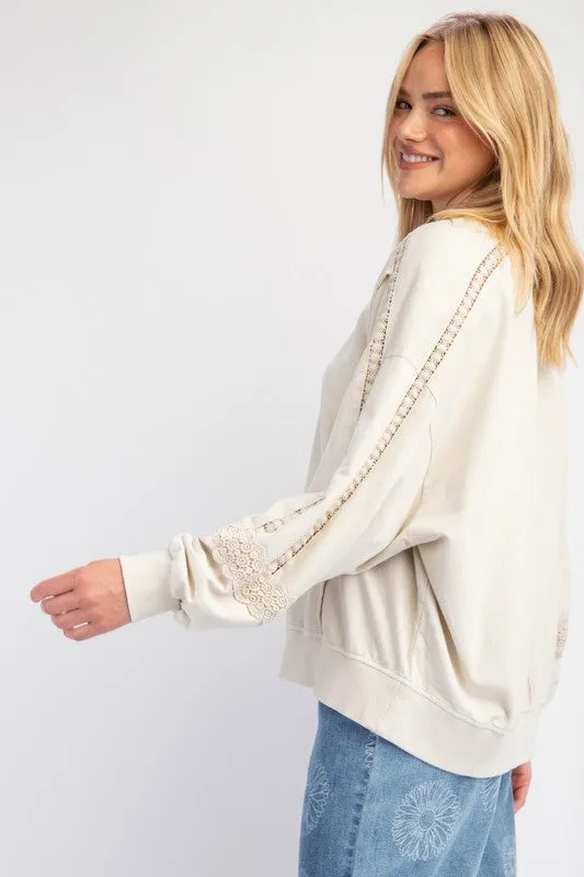 Ecru Raglan Lace Crochet Vintage Washed Long Sleeve *