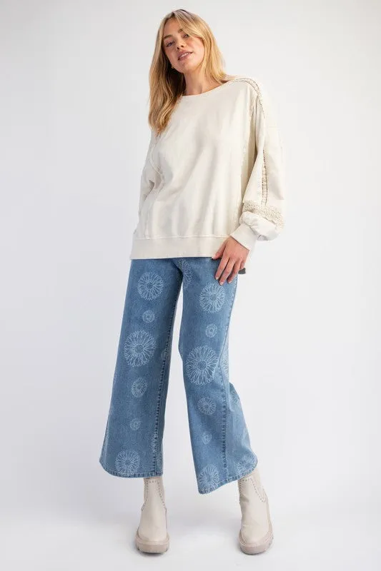 Ecru Raglan Lace Crochet Vintage Washed Long Sleeve *