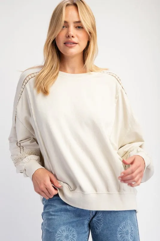 Ecru Raglan Lace Crochet Vintage Washed Long Sleeve *