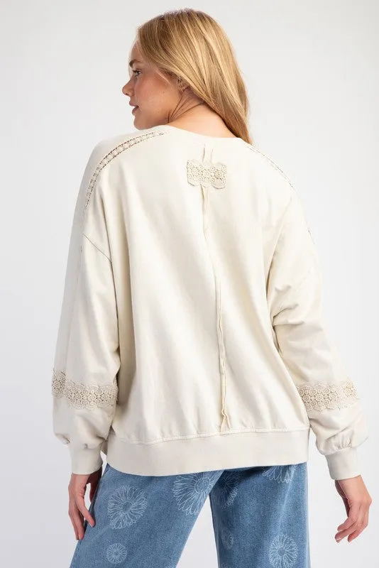 Ecru Raglan Lace Crochet Vintage Washed Long Sleeve *