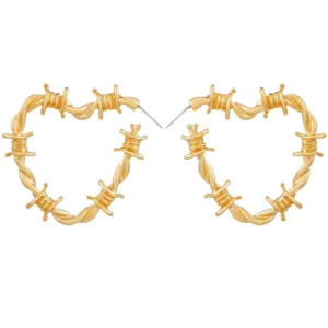 Edgy Gothic Barbed Wire Thorn Heart Post Hoop Earrings in GOLD