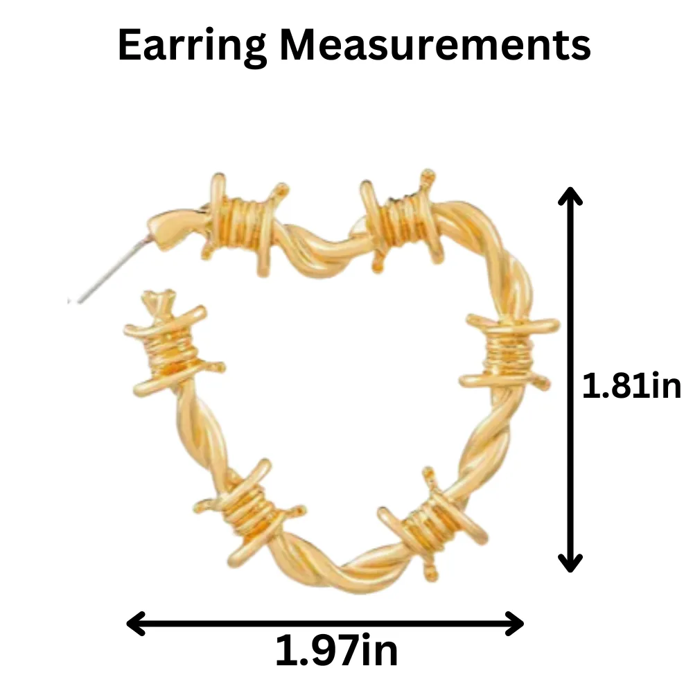 Edgy Gothic Barbed Wire Thorn Heart Post Hoop Earrings in GOLD