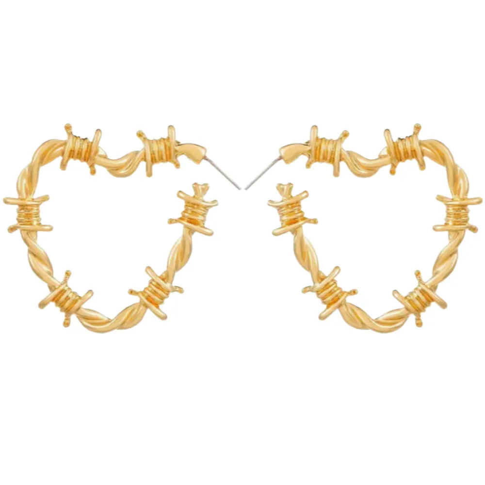 Edgy Gothic Barbed Wire Thorn Heart Post Hoop Earrings in GOLD